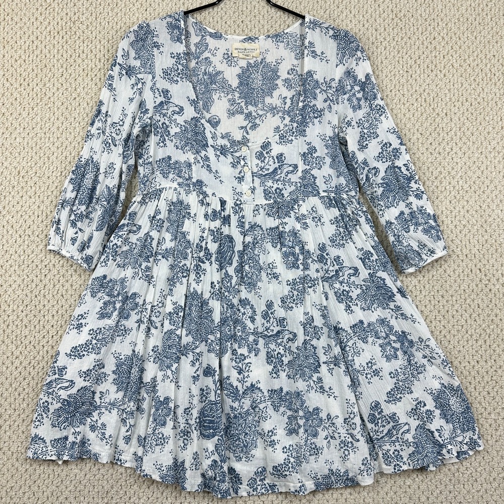 Denim & Supply Ralph Lauren Mini Dress Womens M Blue White Floral Babydoll Tunic